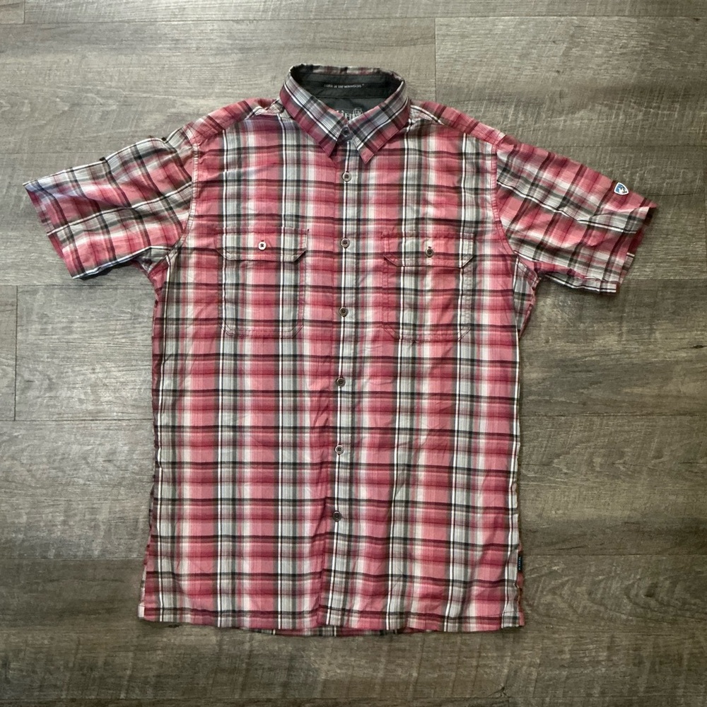 Kuhl Men’s Eluxur Button Up Shirt SMALL ~ Red Multi Short Sleeve Gorpcore Hiking